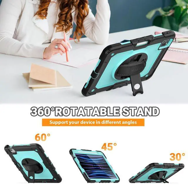 Alt view image 4 of 5 - SEYMAC Case for iPad Pro 11 Case 4th/ 3rd/ 2nd/ 1st Gen (2022/2021/2020/2018), Full-Body Shockproof Protective Case with Screen Protector, 360° Rotating Stand and Hand/Shoulder Strap, Sky Blue