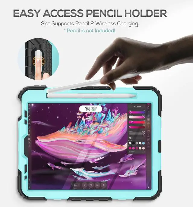 Alt view image 5 of 5 - SEYMAC Case for iPad Pro 11 Case 4th/ 3rd/ 2nd/ 1st Gen (2022/2021/2020/2018), Full-Body Shockproof Protective Case with Screen Protector, 360° Rotating Stand and Hand/Shoulder Strap, Sky Blue