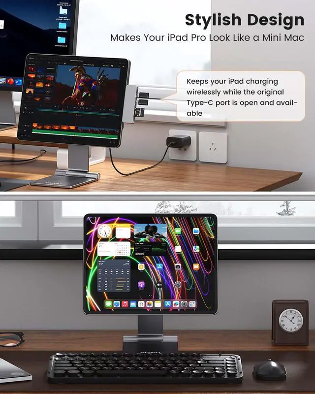 Alt view image 4 of 5 - KU XIU [Upgrade] Magnetic Wireless Charging Stand for iPad Pro 12.9 & iPad Air 13 M2, Foldable Aluminum Alloy Tablet Holder with 1M Cable, Adjustable Desk Mount for iPad Pro 12.9 3rd/4th/5th/6th Gen