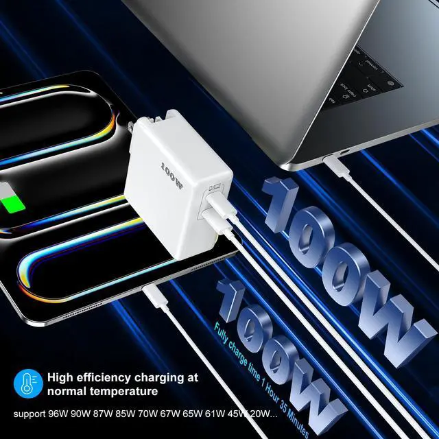 Alt view image 2 of 5 - Mac Book Pro Charger 100W USB C Charger Block Fast Charging Dual Ports 2Pack for MacBook Pro/Air 13 14 15 16 inch, iPad,iPhone 16/15 Pro Max, Samsung Galaxy USBC Device 10FT C to C Charge Cable Cords