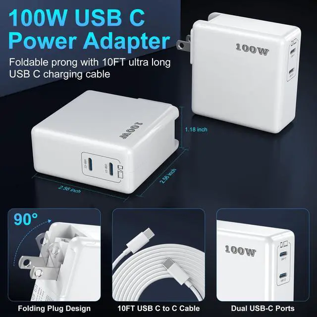 Alt view image 4 of 5 - Mac Book Pro Charger 100W USB C Charger Block Fast Charging Dual Ports 2Pack for MacBook Pro/Air 13 14 15 16 inch, iPad,iPhone 16/15 Pro Max, Samsung Galaxy USBC Device 10FT C to C Charge Cable Cords