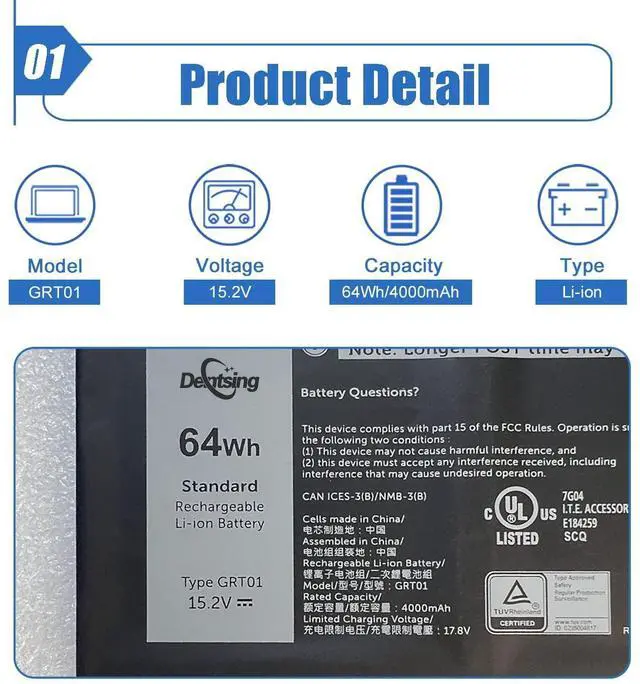 Alt view image 2 of 5 - Dentsing GRT01 64Wh Laptop Battery Replacement for Dell Latitude 14 5421 5431 15 5521 5531 Precision 3470 3561 3571 Alienware m17 R5 AMD Series R05P0 00P3TJ 0P3TJ VXD57 05RGW 9JRV0