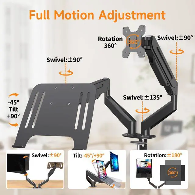 Alt view image 3 of 5 - suptek Monitor Laptop Mount Stand,Adjustable Dual Monitor Arms Desk Mount for 11"-17" Notebook and 17"-32" Monitor,2 in 1 Function Monitor Mount with Laptop Tray,Holds up to 22lbs