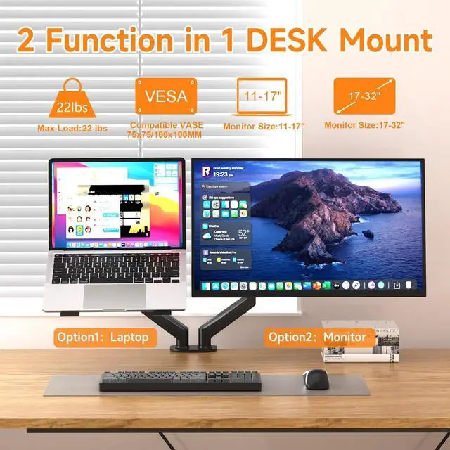 Alt view image 2 of 5 - suptek Monitor Laptop Mount Stand,Adjustable Dual Monitor Arms Desk Mount for 11"-17" Notebook and 17"-32" Monitor,2 in 1 Function Monitor Mount with Laptop Tray,Holds up to 22lbs