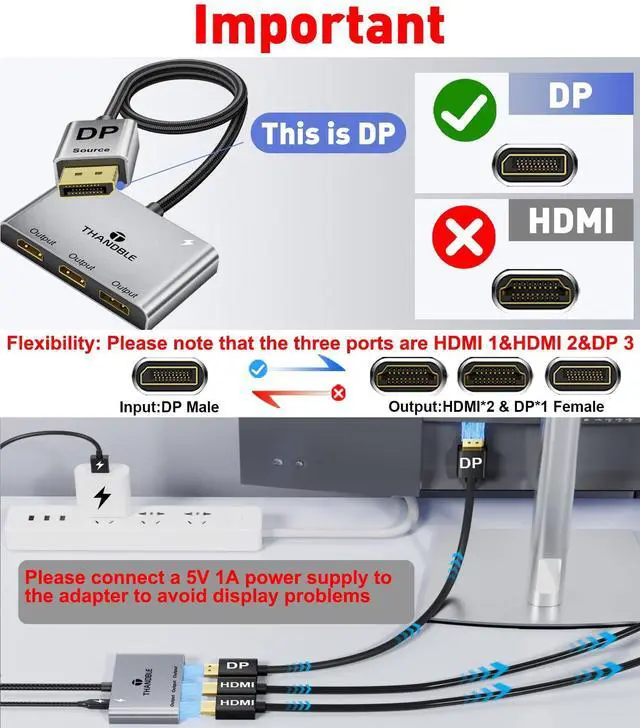 Alt view image 2 of 5 - THANDBLE DisplayPort to Dual HDMI with DP Adapter (4K@60Hz) Extended Display 1 in 3 Out MST Hub for Multiple Monitors Compatible for Graphics Card, PC, NVIDIA, AMD