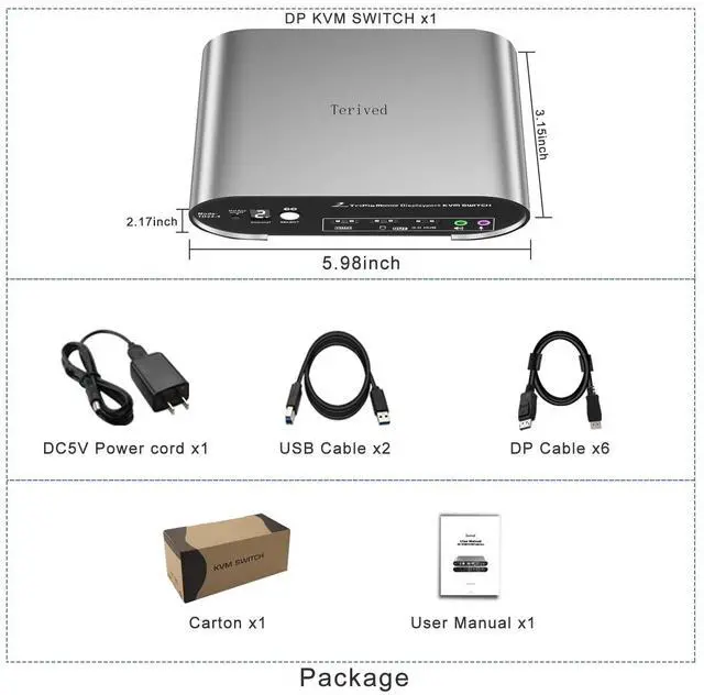 Alt view image 4 of 4 - DP 1.4 Triple Monitor KVM Switch 2K240Hz, 4K120Hz, Audio Microphone hotkey with Cables