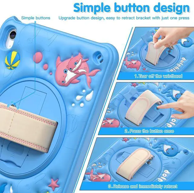 Alt view image 3 of 5 - TSQQST Case for iPad (A16) 11th 10th Generation 10.9" for Kids Boys, Heavy Duty Rugged Cute Cartoon Dolphins Cover with Screen Protector+Swivel Stand+Handle Strap, Azure Blue