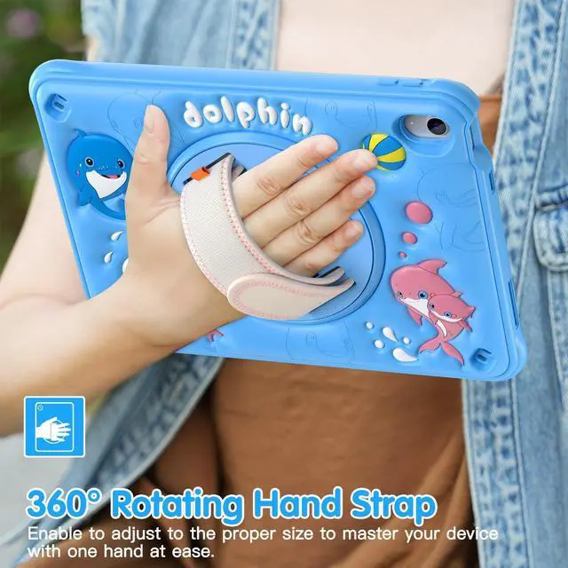 Alt view image 5 of 5 - TSQQST Case for iPad (A16) 11th 10th Generation 10.9" for Kids Boys, Heavy Duty Rugged Cute Cartoon Dolphins Cover with Screen Protector+Swivel Stand+Handle Strap, Azure Blue