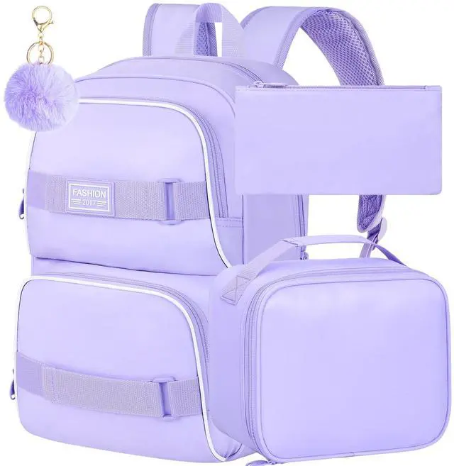 Main image of 3Pcs Girls Backpack, 17 Inches School Bookbag Set for Teens College Students, Laptop Backpacks with Lunch Box (Purple)