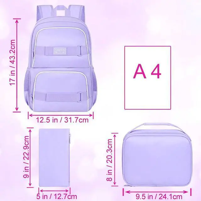 Alt view image 4 of 5 - 3Pcs Girls Backpack, 17 Inches School Bookbag Set for Teens College Students, Laptop Backpacks with Lunch Box (Purple)