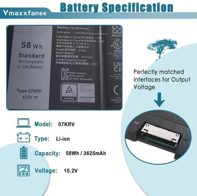 Alt view image 2 of 5 - Vmaxxfanee 58Wh 07KRV Battery for Dell Latitude 5430 5530 Precision 3570 P137G P137G004 P104F P104F005 Series M69D0 H4PVC 0H4PVC Y86WG 0Y86WG 078FWY 08WRCR 4FVJG O7KRV 15.2V