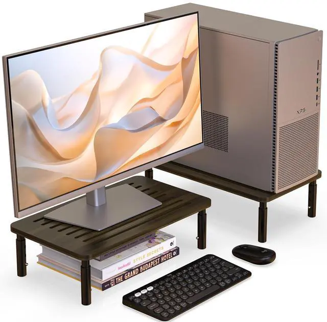 Main image of WELL WENG 2 Pack Bamboo Monitor Stand Riser, 4 Adjustable Height, Laptop Stand with Airflow Vents, Desk Organizer for Computer, PC, Printer (Wenge)