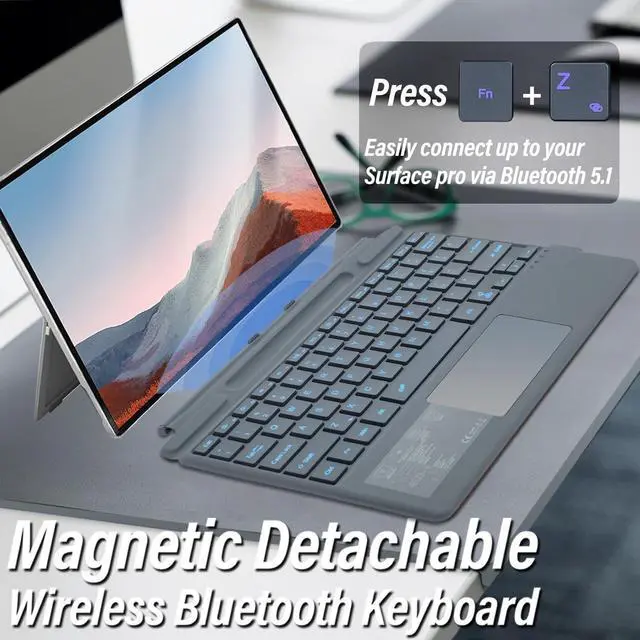 Alt view image 3 of 5 - Wineecy Backlit Keyboard for Surface Pro 11/10/9/8/X, 7 Colors Font Backlight Detachable Wireless Type Cover Keyboard with Trackpad/Pen Holder Compatible with Microsoft Surface Pro 11/10/9/8/X 13 Inch