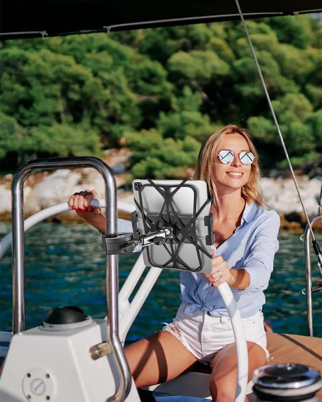 Alt view image 2 of 5 - Metal iPad Tablet Mount for Boat Helm, Wheelchair Pole, Golf Cart, Stroller, Mic Stand, Fitness Bike, Road Mountain Bicycle - 360° Adjustable Handlebar Clamp for 4.7-13" iPad Pro, Air, Mini, Galaxy