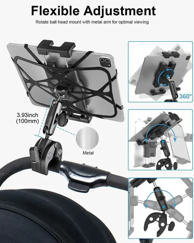 Alt view image 3 of 5 - Metal iPad Tablet Mount for Boat Helm, Wheelchair Pole, Golf Cart, Stroller, Mic Stand, Fitness Bike, Road Mountain Bicycle - 360° Adjustable Handlebar Clamp for 4.7-13" iPad Pro, Air, Mini, Galaxy