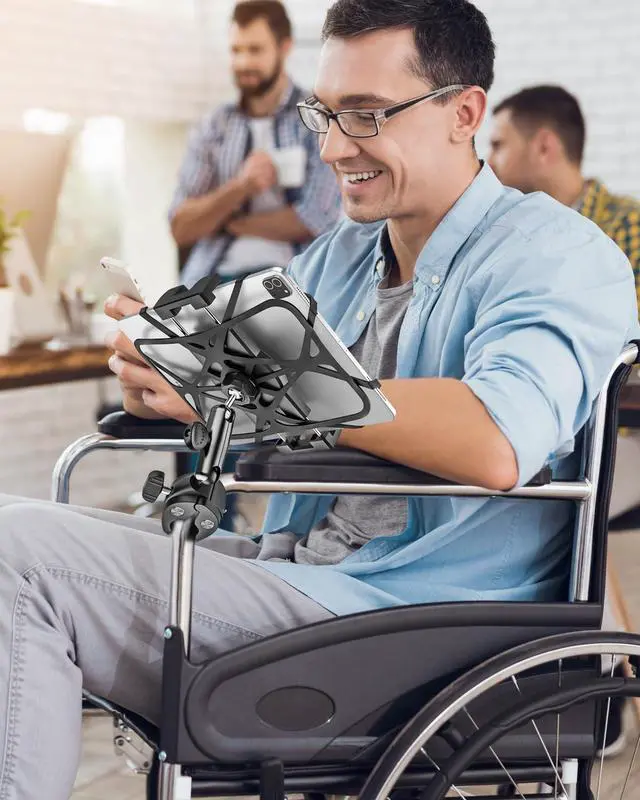 Alt view image 4 of 5 - Metal iPad Tablet Mount for Boat Helm, Wheelchair Pole, Golf Cart, Stroller, Mic Stand, Fitness Bike, Road Mountain Bicycle - 360° Adjustable Handlebar Clamp for 4.7-13" iPad Pro, Air, Mini, Galaxy