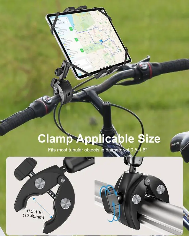 Alt view image 5 of 5 - Metal iPad Tablet Mount for Boat Helm, Wheelchair Pole, Golf Cart, Stroller, Mic Stand, Fitness Bike, Road Mountain Bicycle - 360° Adjustable Handlebar Clamp for 4.7-13" iPad Pro, Air, Mini, Galaxy