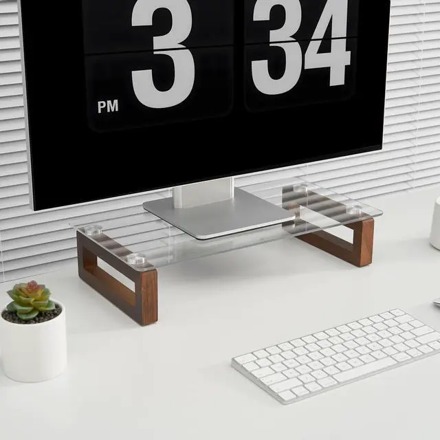 Alt view image 2 of 5 - YEOUX Multi-Purpose Desktop Stand, Clear Floating Computer Monitor Riser with Natural Wood Base, Desk Organization Shelf for Printer, Laptop, Audio Device, Flat Screen