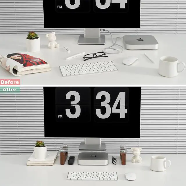 Alt view image 3 of 5 - YEOUX Multi-Purpose Desktop Stand, Clear Floating Computer Monitor Riser with Natural Wood Base, Desk Organization Shelf for Printer, Laptop, Audio Device, Flat Screen