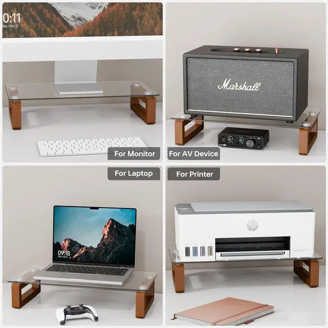 Alt view image 4 of 5 - YEOUX Multi-Purpose Desktop Stand, Clear Floating Computer Monitor Riser with Natural Wood Base, Desk Organization Shelf for Printer, Laptop, Audio Device, Flat Screen