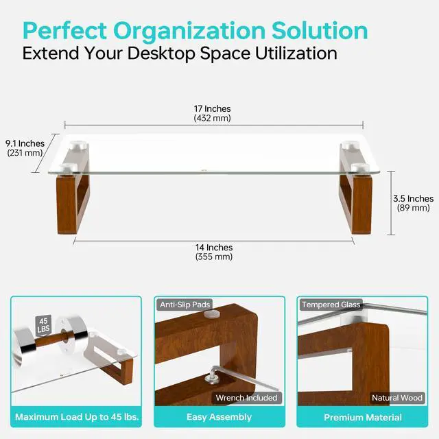 Alt view image 5 of 5 - YEOUX Multi-Purpose Desktop Stand, Clear Floating Computer Monitor Riser with Natural Wood Base, Desk Organization Shelf for Printer, Laptop, Audio Device, Flat Screen