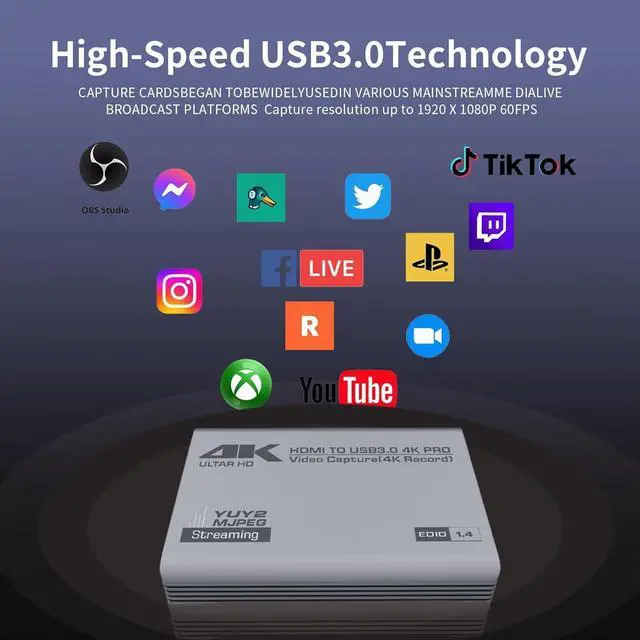 Alt view image 5 of 5 - 4K HDMI Video Capture Card with Loop-Out, USB 3.0, 1080P 60FPS/2K 30FPS, Audio & Video Streaming Capture Device for PS5, Switch, Camera, PC, Compatible with OBS