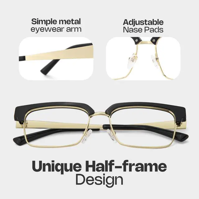 Alt view image 4 of 5 - Zeelool Retro Rectangle Half-frame Blue Light Blocking Glasses for Men TV Phone Computer Gaming Glasses Gerena ZJGX374608-01 Black