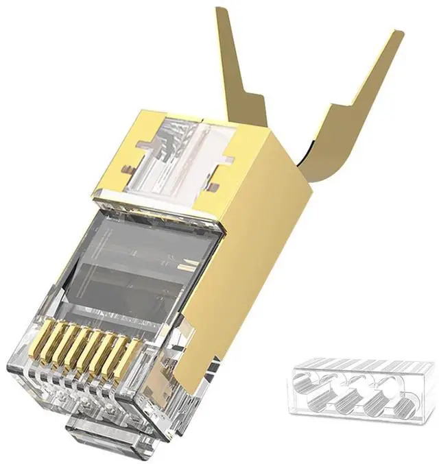 Main image of ZOERAX 100-Pack Cat7 & Cat6A Pass Through Connectors, 50UM Gold Plated Shielded FTP/STP External Ground for FTP/STP Ethernet Cable - Gold