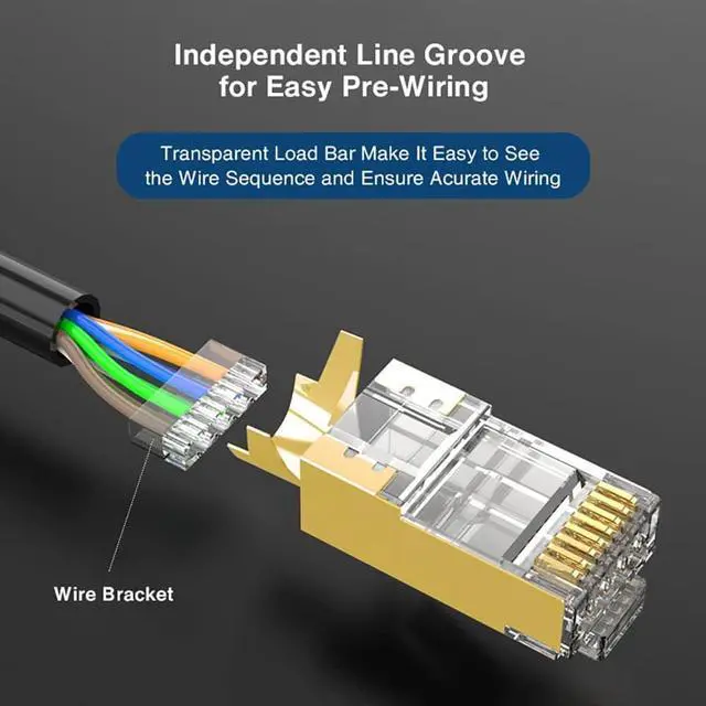 Alt view image 3 of 5 - ZOERAX 100-Pack Cat7 & Cat6A Pass Through Connectors, 50UM Gold Plated Shielded FTP/STP External Ground for FTP/STP Ethernet Cable - Gold