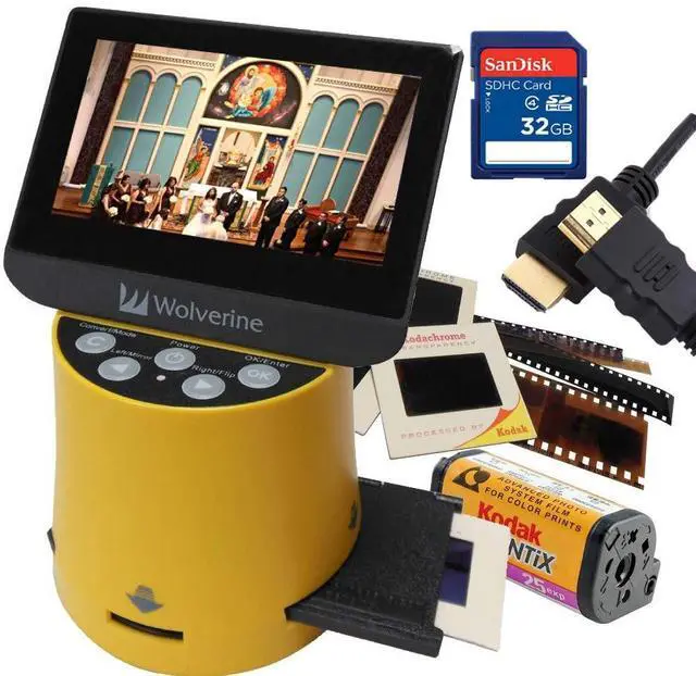 Main image of Wolverine Titan 8-in-1 20MP High Resolution Film to Digital Converter with 4.3" Screen and HDMI Output, Worldwide Voltage 110V/240V AC Adapter, 32GB SD Card & 6ft HDMI Cable Bundle (Yellow)