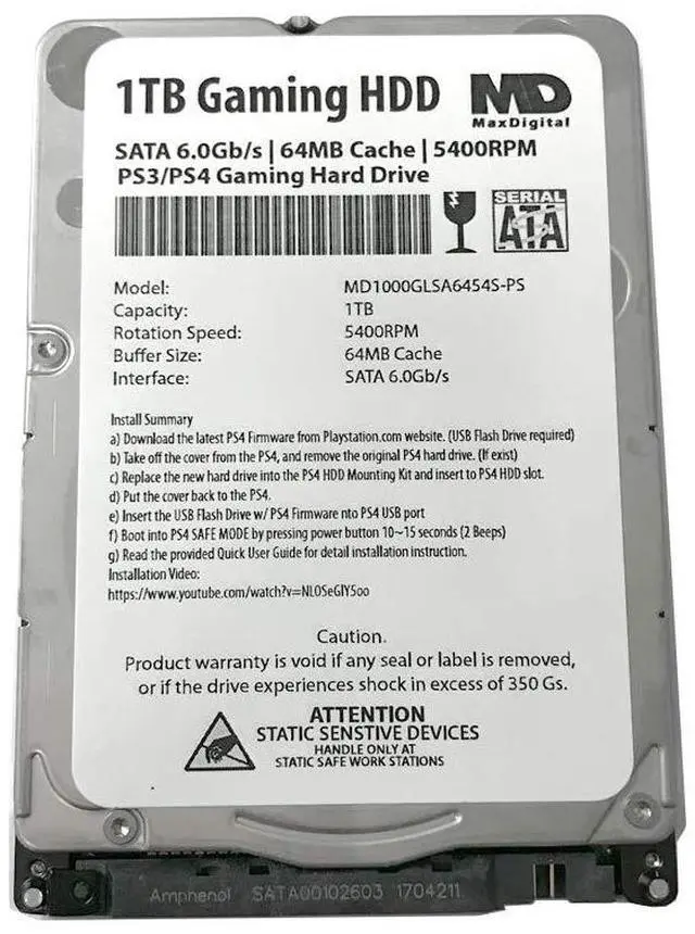 Main image of MaxDigitalData (MD1000GLSA6454-PS 1TB 64MB Cache 5400RPM SATA 6.0Gb/s 2.5inch 7MM Gaming Hard Drive (for PS3/PS4) - 2 Year Warranty