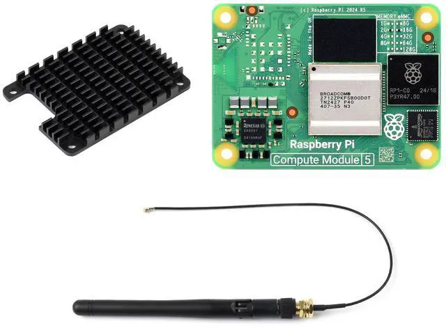 Main image of CM5 Waveshare Pi Compute Module 5Comes with an Official Raspberry Pi CM5002016 (Without Wireless, 2GB RAM, 16GB eMMC Flash), an Antenna Kit and a HEATSINK. (3 Items)
