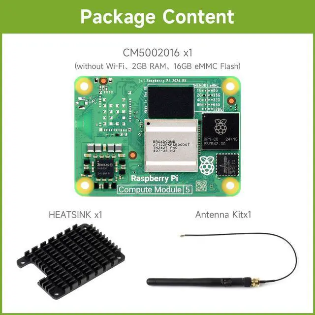 Alt view image 2 of 5 - CM5 Waveshare Pi Compute Module 5Comes with an Official Raspberry Pi CM5002016 (Without Wireless, 2GB RAM, 16GB eMMC Flash), an Antenna Kit and a HEATSINK. (3 Items)
