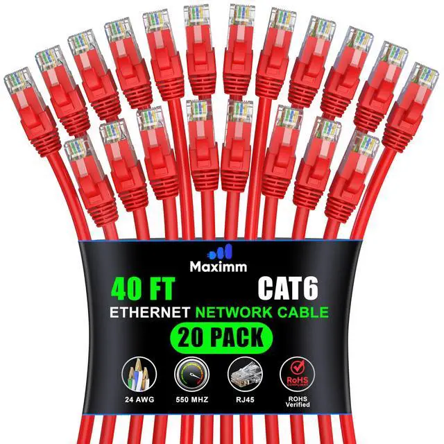 Main image of Maximm Cat 6 Ethernet Cable 40 ft (20-Pack) - High-Speed LAN Cable, Internet Cable, Patch Cable, and Network Cable - UTP, 10Gbps, 550MHz Ethernet Cord - Red