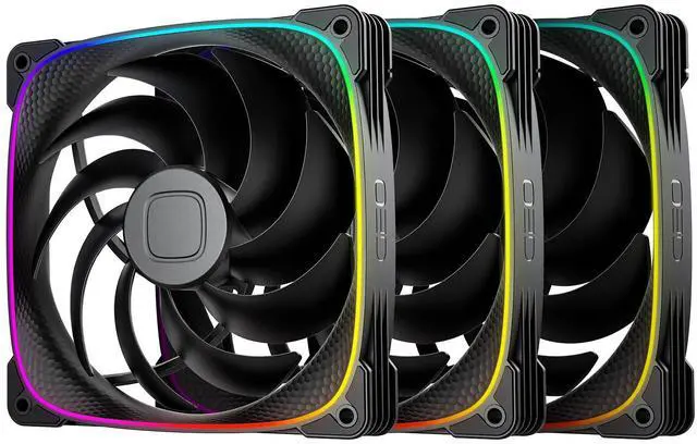 Main image of Geometric Future Squama 2503 RGB PWM Fan - 140mm - 3 Pack  Performance & Silent Balance - Dual Lighting Loop - 5V 3pin addressable RGB - 4pin PWM - Black (GEO-S2503B-14T)