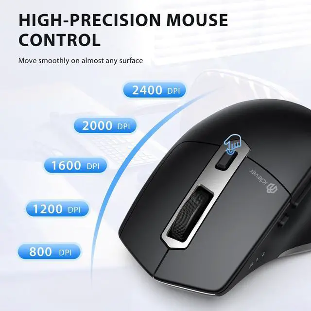 Alt view image 4 of 5 - iClever Bluetooth Mouse, Wireless Large Mouse, Multi-Devices Dual Mode, Ergonomic Mice with 5 Adjustable DPI and 7 Buttons, Rechargeable Silent Mice for Laptop, iPad, MacBook, Tablet, PC, Black Grey
