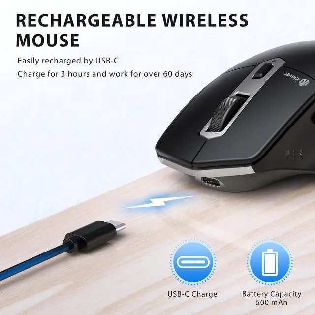 Alt view image 5 of 5 - iClever Bluetooth Mouse, Wireless Large Mouse, Multi-Devices Dual Mode, Ergonomic Mice with 5 Adjustable DPI and 7 Buttons, Rechargeable Silent Mice for Laptop, iPad, MacBook, Tablet, PC, Black Grey