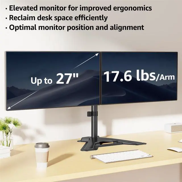 Alt view image 2 of 5 - MOUNTUP Dual Monitor Stand - Freestanding & Height Adjustable Monitor Desk Mount, Steady VESA Mount Computer Monitor Stand for 2 Screens up to 27 inches, MU1002