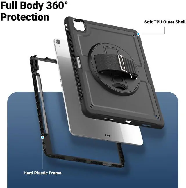 Alt view image 2 of 5 - Batianda Case for iPad Air 13-inch 2025 M3 2024 M2 Chip Multilayered Rugged Durable Shockproof Tablet Cover with 360° Rotating Hand Strap Foldable Hidden Stand, Black
