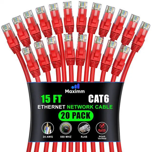 Main image of Maximm Cat 6 Ethernet Cable 15 ft (20-Pack) - High-Speed LAN Cable, Internet Cable, Patch Cable, and Network Cable - UTP, 10Gbps, 550MHz Ethernet Cord - Red