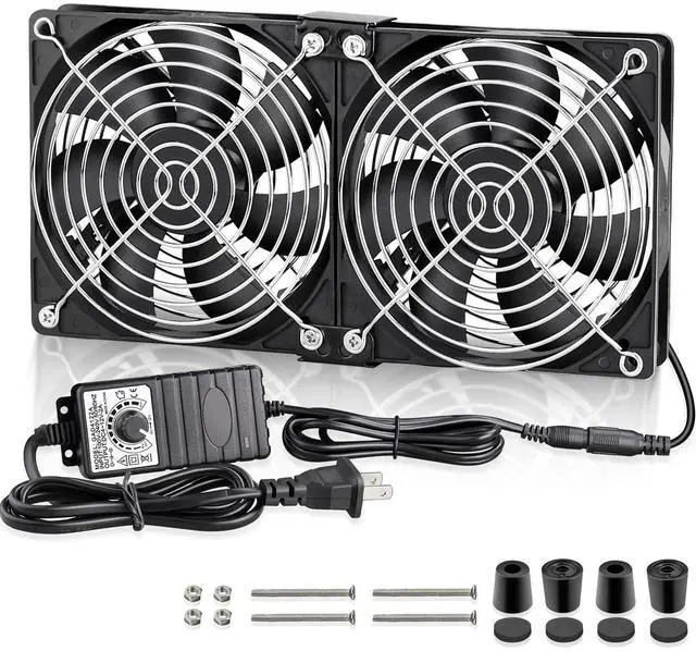 Main image of GDSTIME Big Airflow Dual 120mm Fans DC 12V Powered Fan with AC 110V - 240V Speed Control, Cabinet Chassis Cooling Fan, Server Workstation Cooling Fan