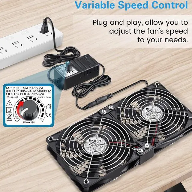 Alt view image 4 of 5 - GDSTIME Big Airflow Dual 120mm Fans DC 12V Powered Fan with AC 110V - 240V Speed Control, Cabinet Chassis Cooling Fan, Server Workstation Cooling Fan