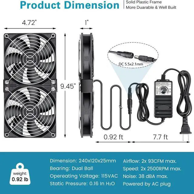 Alt view image 5 of 5 - GDSTIME Big Airflow Dual 120mm Fans DC 12V Powered Fan with AC 110V - 240V Speed Control, Cabinet Chassis Cooling Fan, Server Workstation Cooling Fan