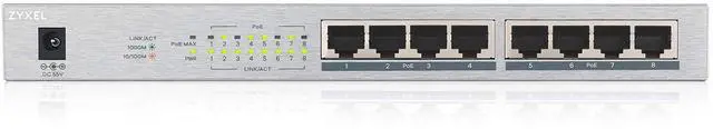 Main image of Zyxel 8 Port Gigabit Ethernet Unmanaged POE+ Switch | 8 x PoE+ @ 60W | Plug & Play | Sturdy Metal w/Shielded Ports | Desktop or Wall-Mount | Fanless | Lifetime Warranty | Ethernet Splitter | GS1008HP