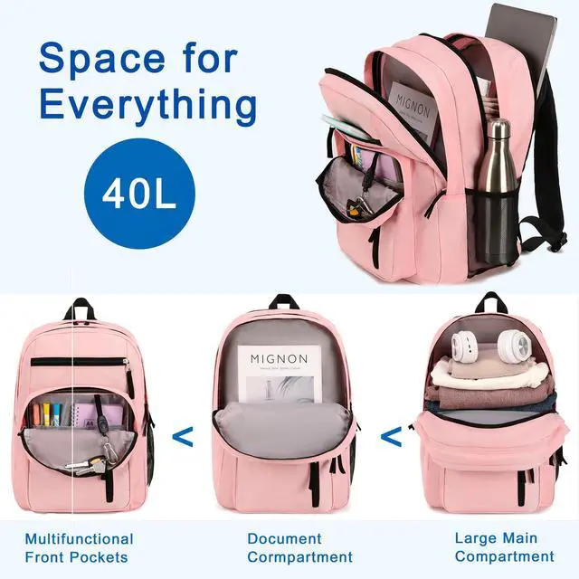 Alt view image 3 of 5 - Laptop Backpack 17 inch for Women Men Large College Bookbags Waterpoof Work Business Travel Backpacks Kids School Bag for Girls Boys Students Teens Elementary Schoolbag Casual Daypack Sport-Pink