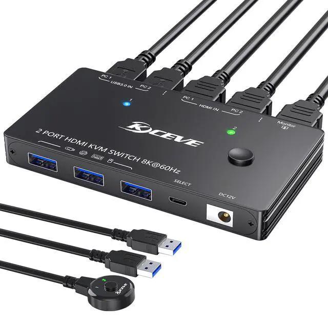 Main image of KVM Switch 2 in 1 Out USB 3.0 HDMI KVM Switch 8K@60Hz 4K@60Hz for 2 Computers Share 1 Monitor and Keyboard Mouse Printer with Remote and USB3.0 Cables