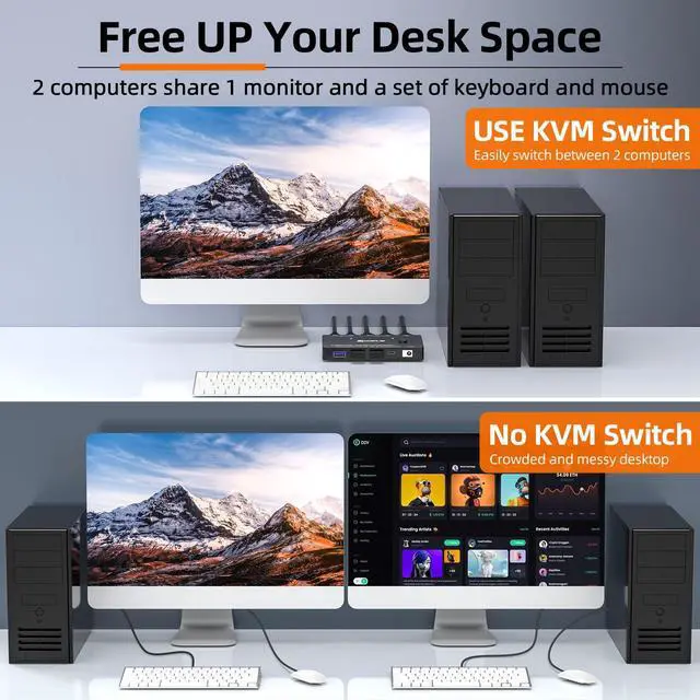 Alt view image 4 of 5 - KVM Switch 2 in 1 Out USB 3.0 HDMI KVM Switch 8K@60Hz 4K@60Hz for 2 Computers Share 1 Monitor and Keyboard Mouse Printer with Remote and USB3.0 Cables