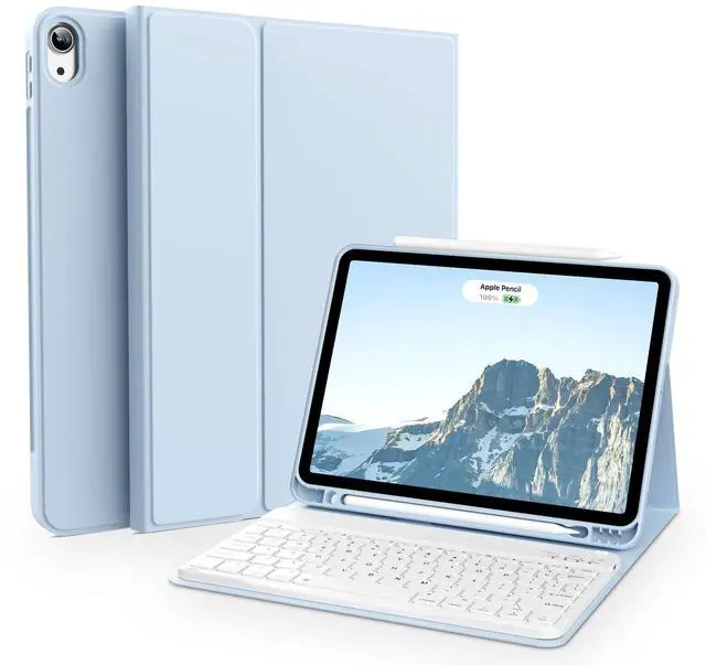 Main image of aoub Case for iPad Air 11-inch M3/M2 2025/2024, iPad Air 5th/4th Generation 10.9 inch 2022/2020, Stand Folio Detachable Wireless Bluetooth Keyboard Cover with Pencil Holder, Light Blue