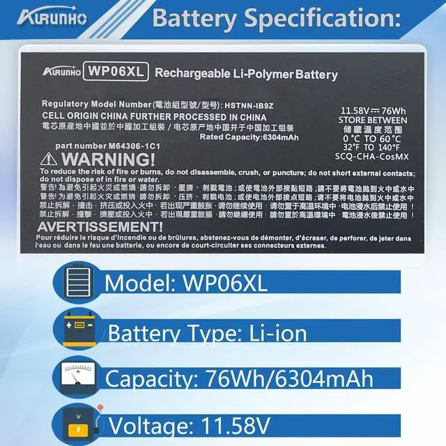 Alt view image 2 of 5 - AURUNHO WP06XL 76Wh Laptop Battery Replacement for HP EliteBook 860 G9 ZBook Firefly 16 G10 Series M73470-005 M64308-171 HSTNN-IB9Z M64306-1C1 11.58V