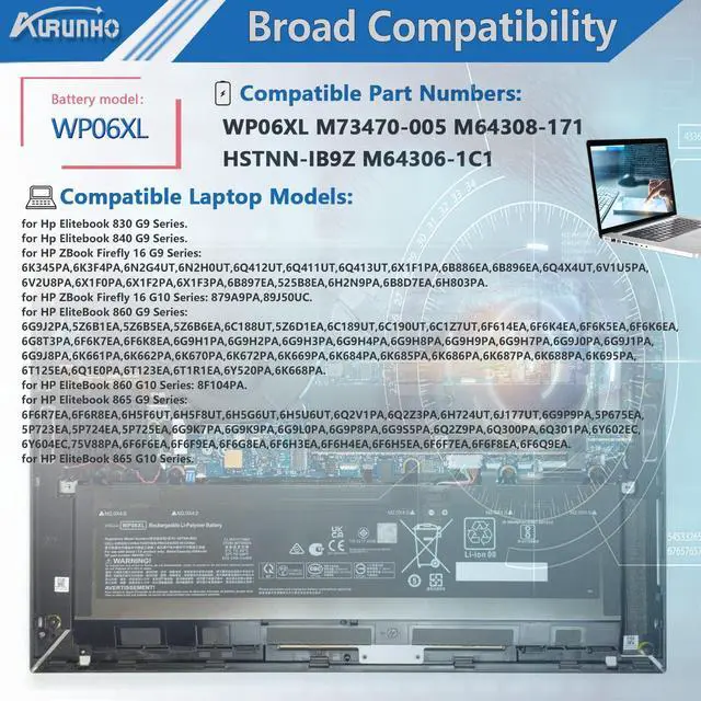 Alt view image 5 of 5 - AURUNHO WP06XL 76Wh Laptop Battery Replacement for HP EliteBook 860 G9 ZBook Firefly 16 G10 Series M73470-005 M64308-171 HSTNN-IB9Z M64306-1C1 11.58V